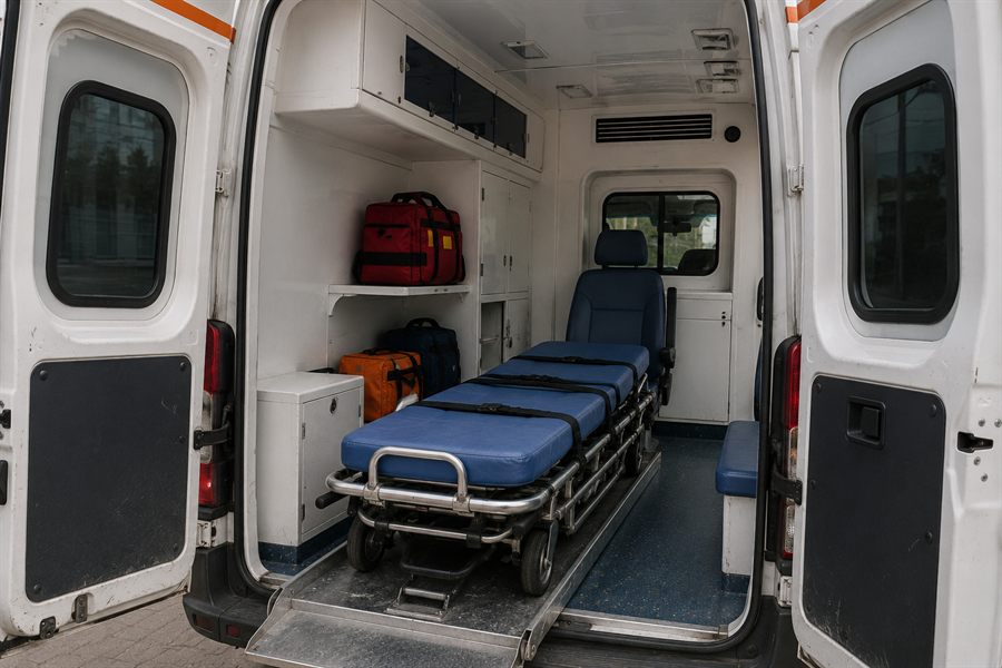 Салон медичного автомобіля з відкритими задніми дверима: каталка на завантажувальній платформі, крісло для супроводжуючого та шафи для обладнання